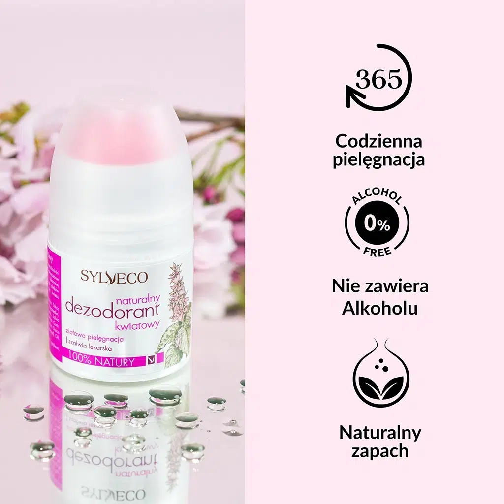 SYLVECO Naturalny dezodorant kwiatowy - infografika: codzienna pielęgnacja, nie zawiera alkoholu, naturalny zapach