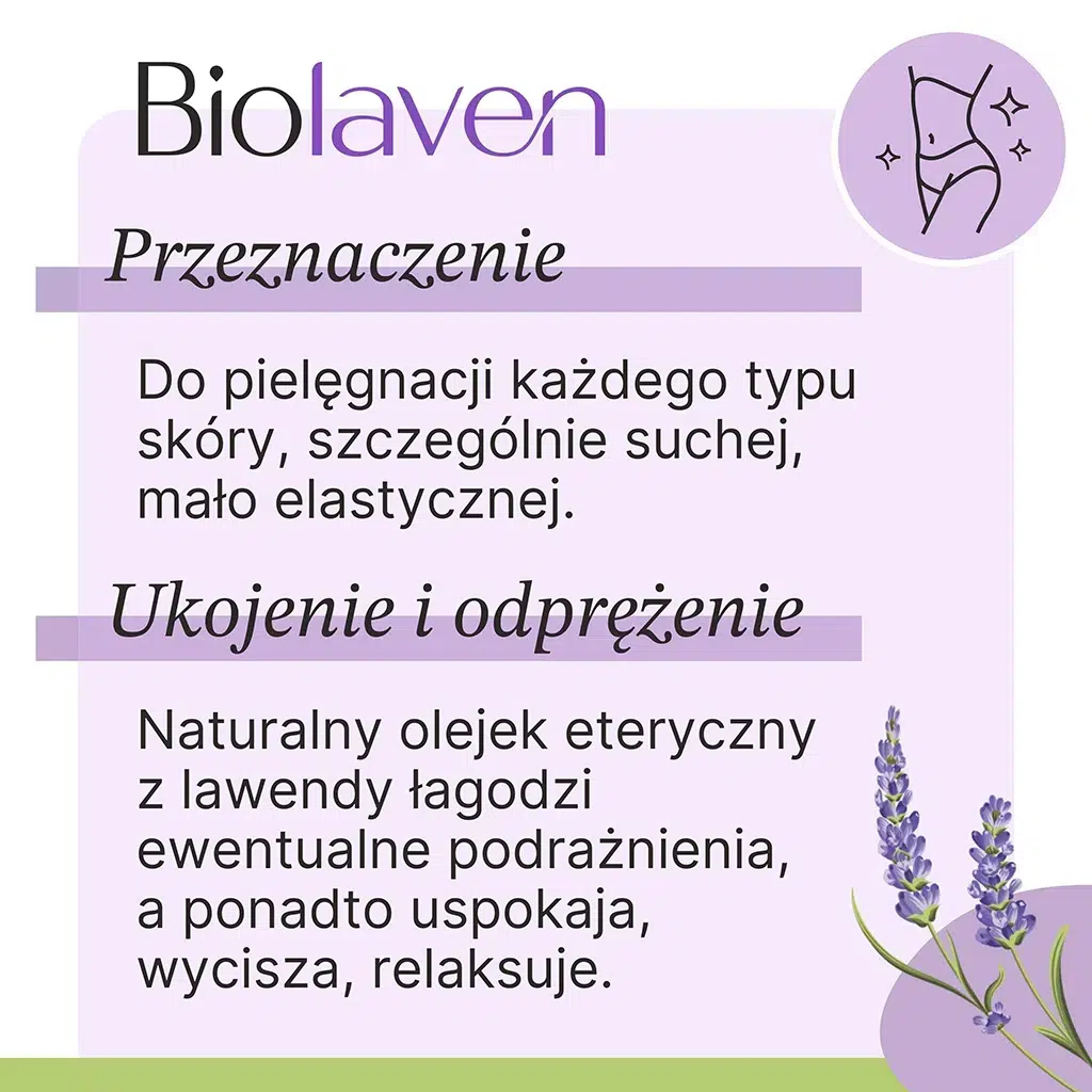 Balsam do ciała Biolaven - przeznaczenie: do pielęgnacji każdego typu skóry, szczególnie suchej i mało elastycznej. Olejek z lawendy łagodzi podrażnienia, uspokaja, wycisza i relaksuje.