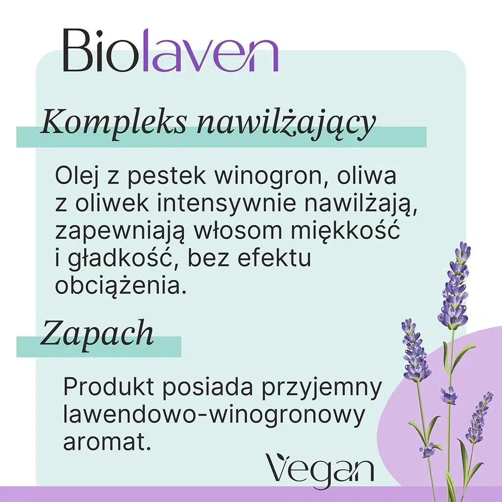 Regulujący szampon do włosów BIOLAVEN - zawiera kompleks nawilżającym, szampon o zapachu lawendowo-winogronowym.