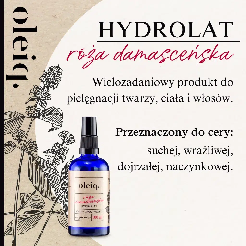 OLEIQ Hydrolat róża damasceńska - wielozadaniowy produkt do pielęgnacji twarzy, ciała i włosów. Przeznaczony do cery: suchej, wrażliwej, dojrzałej, naczynkowej.