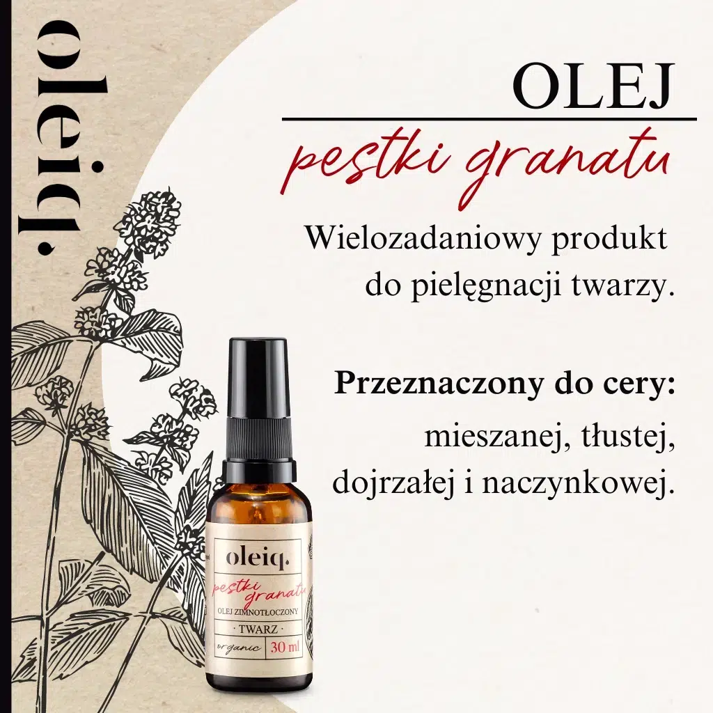 OLEIQ Olej z pestek granatu - wielozadaniowy produkt do pielęgnacji twarzy. Przeznaczony do cery mieszanej, tłustej, dojrzałej i naczynkowej.