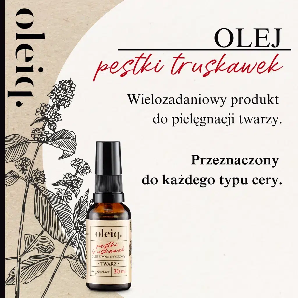 OLEIQ Olej z pestek truskawek - wielozadaniowy produkt do pielęgnacji twarzy. Przeznaczony do każdego rodzaju cery.