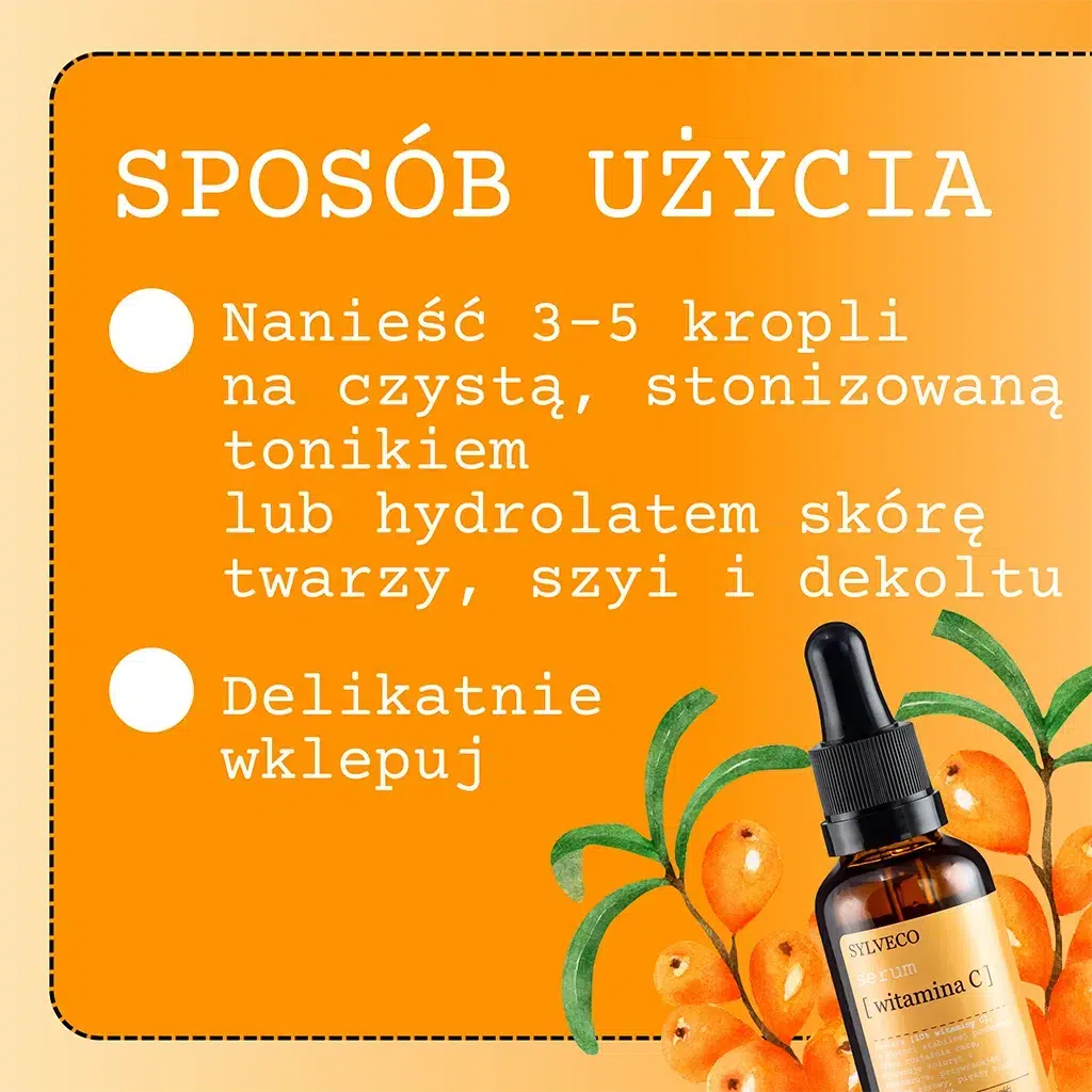 SYLVECO Serum [witamina C] - sposób użycia: nanieść 3-5 kropli na czystą, stonizowaną skórę twarzy, szyi i dekoltu, delikatnie wmasuj