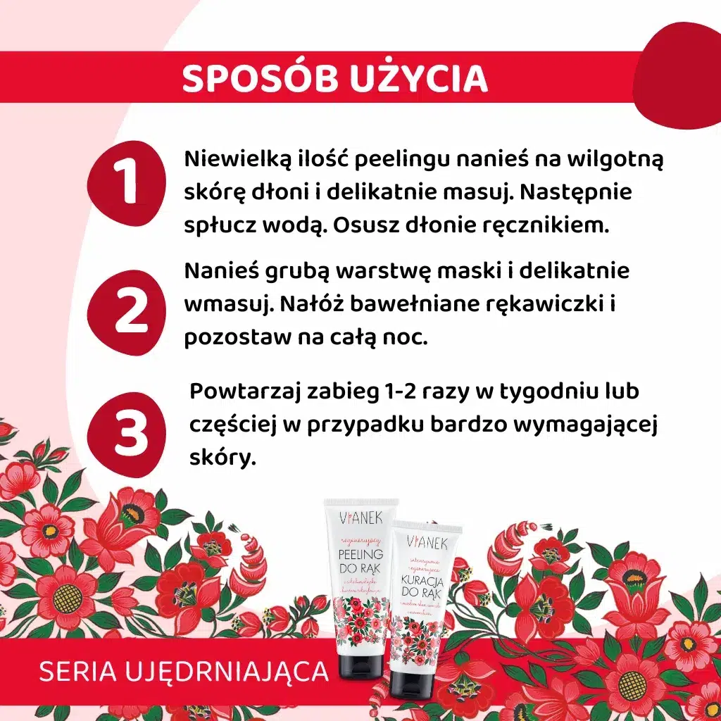 Sposób użycia: Niewielką ilość peelingu nanieś na wilgotną skórę dłoni i delikatnie masuj. Następnie spłucz wodą. Osusz dłonie ręcznikiem. Nanieś grubą warstwę maski i delikatnie wmasuj. Nałóż bawełniane rękawiczki i pozostaw na całą noc